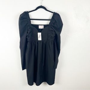 HERRINGSTONES Black Ruffle Long Sleeves Trim Smocked Back Dress, Size Large